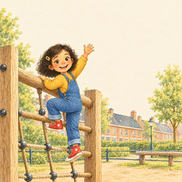 Noor klimt lachend in een houten klimrek in een speeltuin