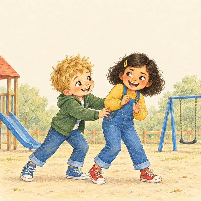 Noor en klasgenoot Sem spelen lachend kietelspel op het schoolplein