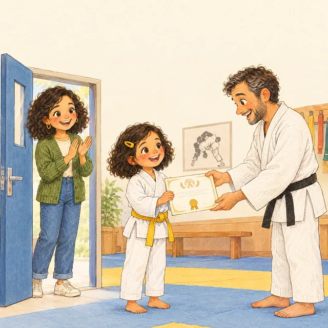 Noor krijgt haar judodiploma terwijl haar moeder in de open deur staat
