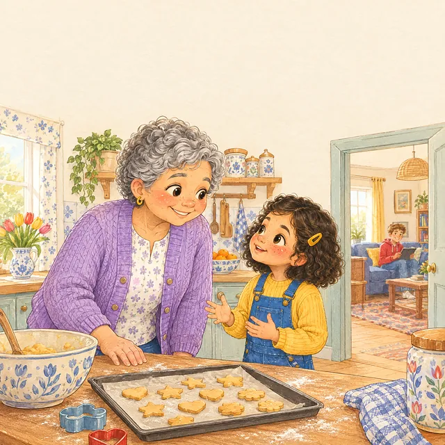Noor vertelt haar oma iets in de keuken