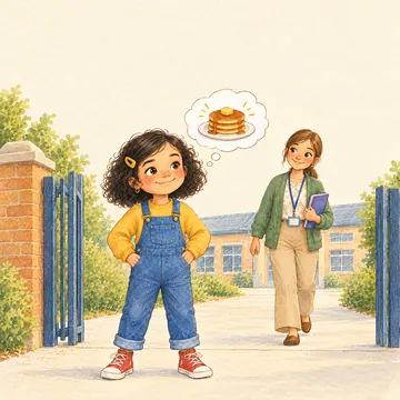 Noor bij het schoolhek denkt aan pannenkoeken