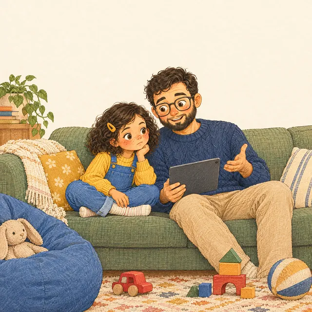 Noor en haar vader kijken samen naar de tablet