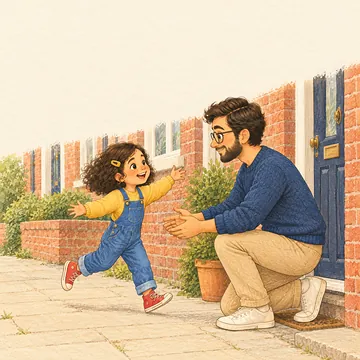 Noor rent naar papa bij de voordeur
