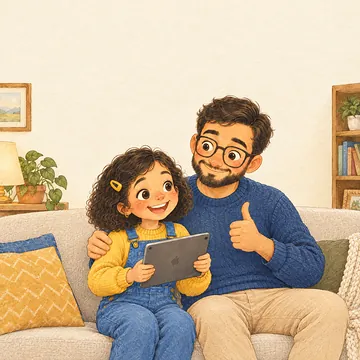 Noor laat papa de tablet zien