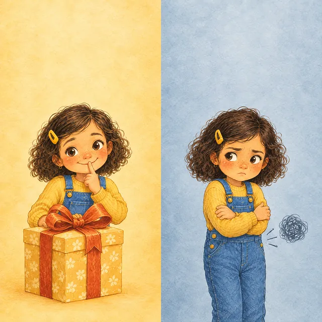 Links Noor met een cadeau, rechts Noor met een wolkje bij haar buik