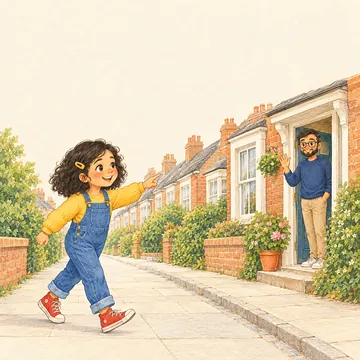 Noor loopt van de deur van de buurman naar huis
