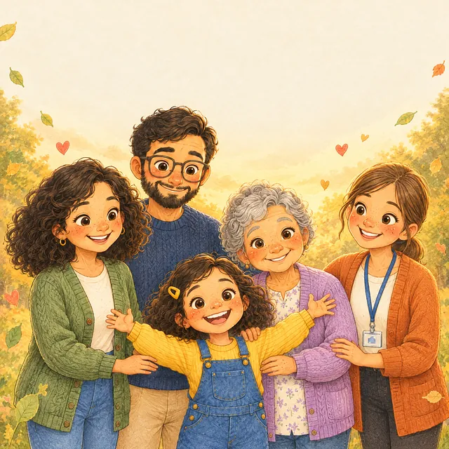 Noor lacht tussen mama, papa, oma en de juf, die allemaal een arm om haar heen slaan